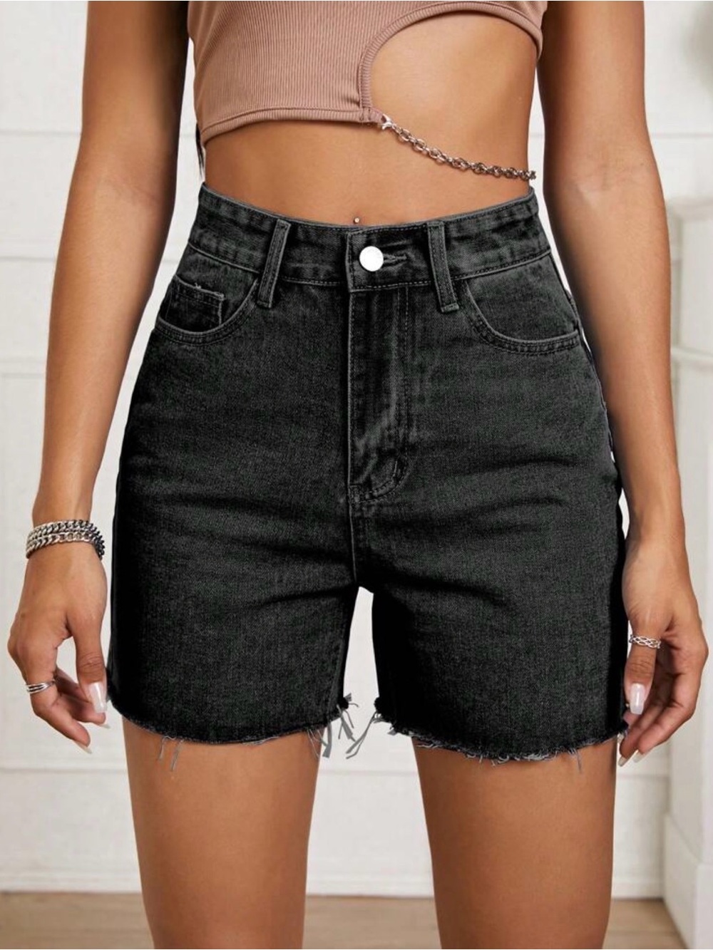 High-Waist Black Denim Shorts
